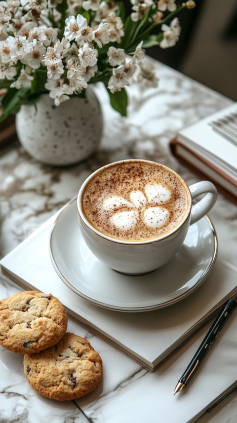 Top Shot of a Desk with Work Essentials – Laptop, Notebooks, Pen, Coffee, and Cookies – Feminine Blogger Aesthetic (112)