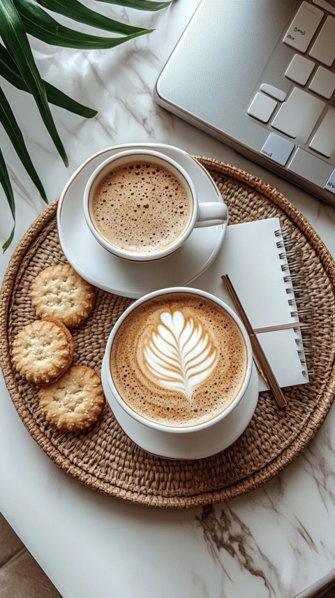 Top Shot of a Desk with Work Essentials – Laptop, Notebooks, Pen, Coffee, and Cookies – Feminine Blogger Aesthetic (96)