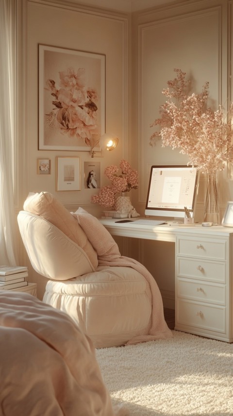 Wide Shot of a Woman's Bedroom with a Home Office – Feminine Blogger Aesthetic (11)