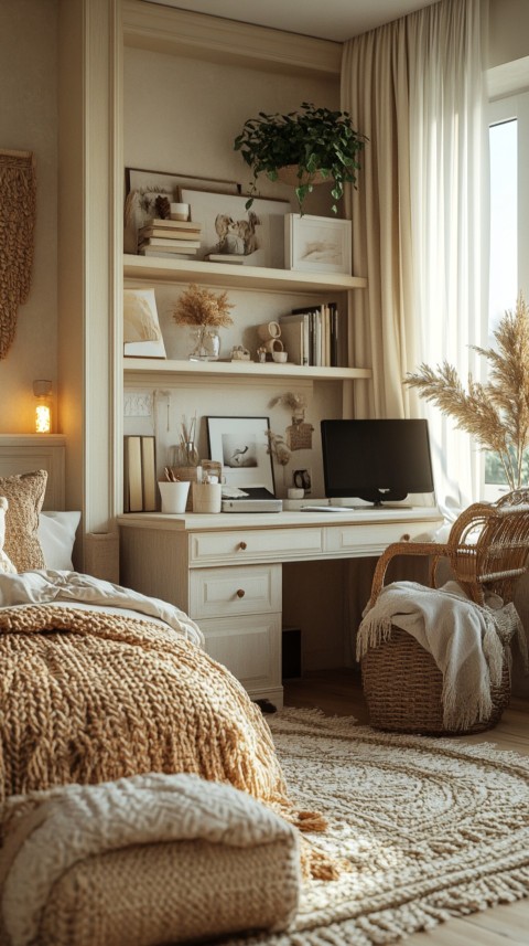 Wide Shot of a Woman's Bedroom with a Home Office – Feminine Blogger Aesthetic (64)