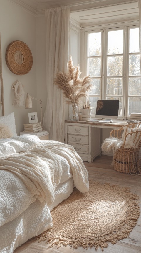 Wide Shot of a Woman's Bedroom with a Home Office – Feminine Blogger Aesthetic (69)