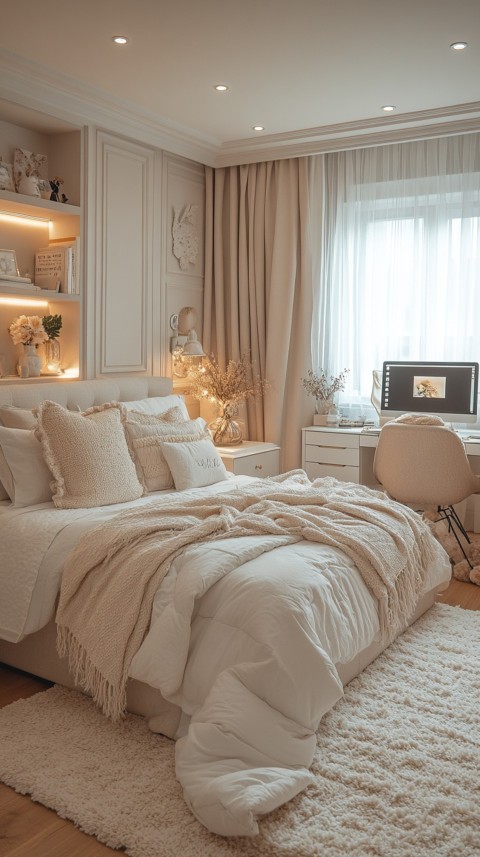 Wide Shot of a Woman's Bedroom with a Home Office – Feminine Blogger Aesthetic (98)