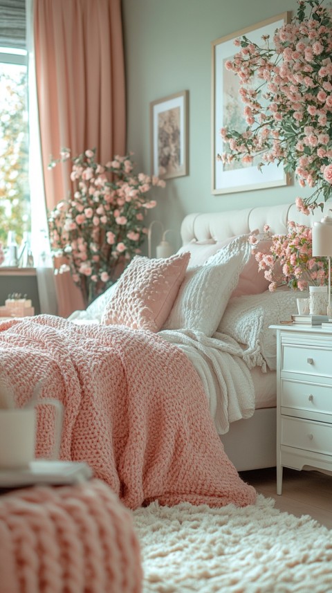 Wide Shot of a Woman's Bedroom with a Home Office – Feminine Blogger Aesthetic (95)