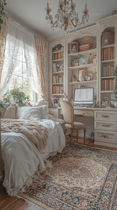 Wide Shot of a Woman's Bedroom with a Home Office – Feminine Blogger Aesthetic (94)