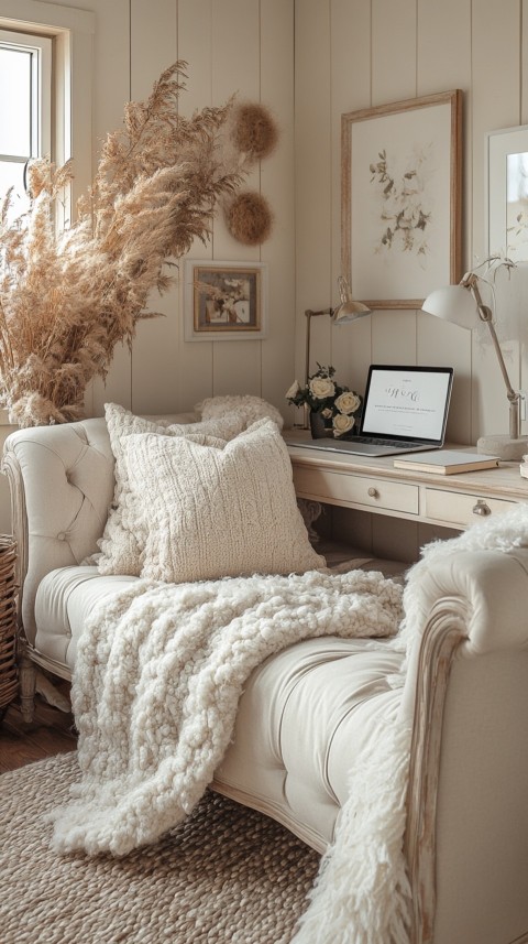 Wide Shot of a Woman's Bedroom with a Home Office – Feminine Blogger Aesthetic (121)