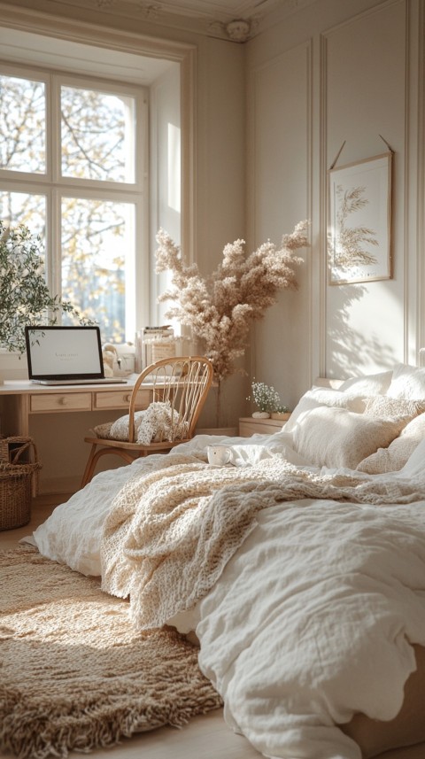 Wide Shot of a Woman's Bedroom with a Home Office – Feminine Blogger Aesthetic (115)