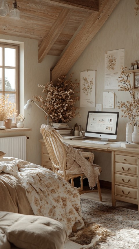 Wide Shot of a Woman's Bedroom with a Home Office – Feminine Blogger Aesthetic (134)