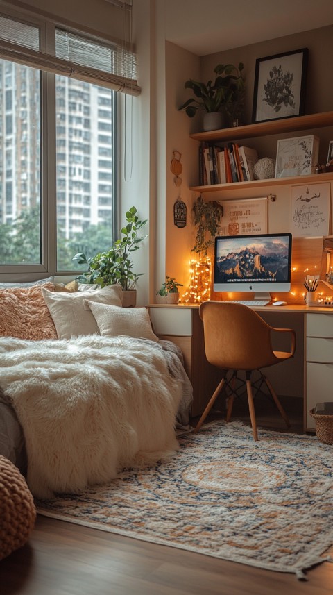 Wide Shot of a Woman's Bedroom with a Home Office – Feminine Blogger Aesthetic (138)