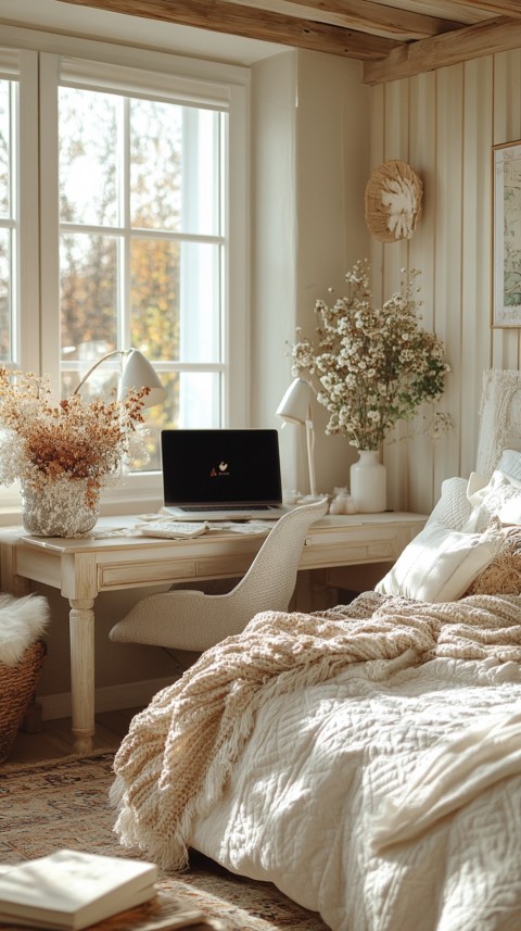 Wide Shot of a Woman's Bedroom with a Home Office – Feminine Blogger Aesthetic (158)