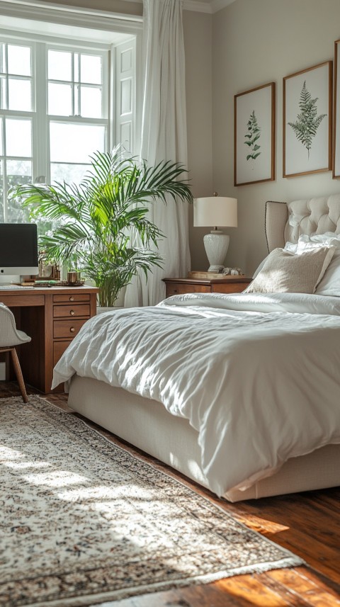 Wide Shot of a Woman's Bedroom with a Home Office – Feminine Blogger Aesthetic (193)