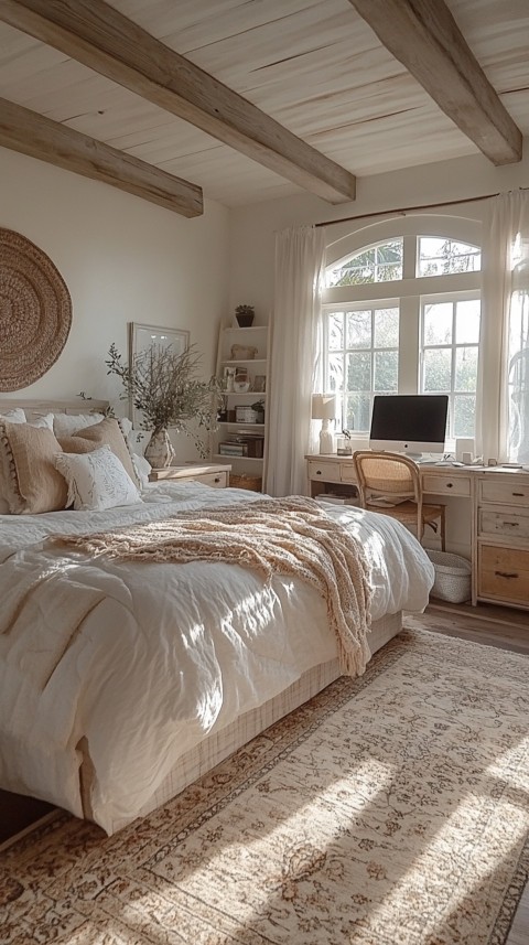 Wide Shot of a Woman's Bedroom with a Home Office – Feminine Blogger Aesthetic (192)