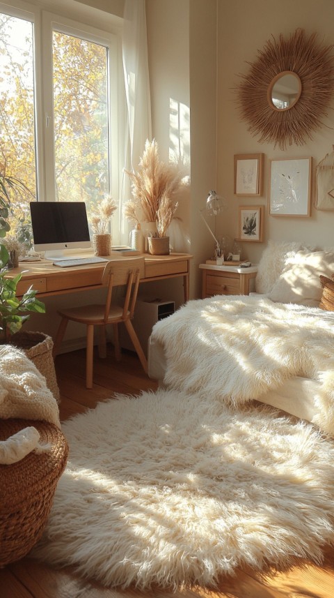 Wide Shot of a Woman's Bedroom with a Home Office – Feminine Blogger Aesthetic (186)