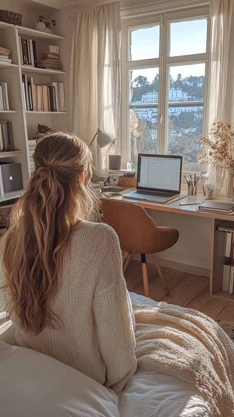 Wide Shot of a Woman's Bedroom with a Home Office – Feminine Blogger Aesthetic (189)