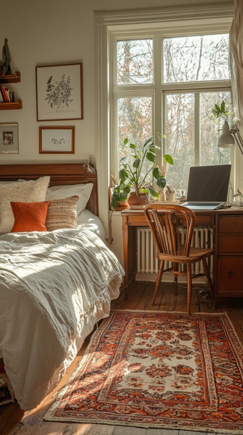 Wide Shot of a Woman's Bedroom with a Home Office – Feminine Blogger Aesthetic (184)