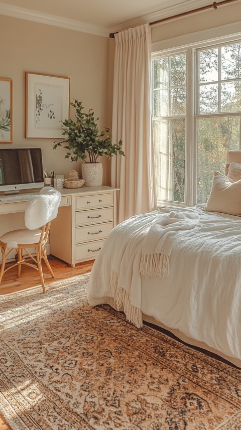 Wide Shot of a Woman's Bedroom with a Home Office – Feminine Blogger Aesthetic (200)