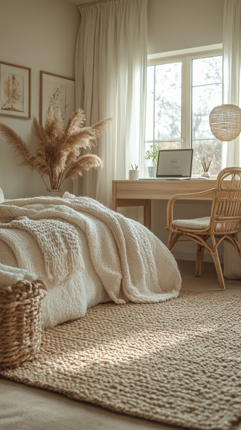 Wide Shot of a Woman's Bedroom with a Home Office – Feminine Blogger Aesthetic (201)