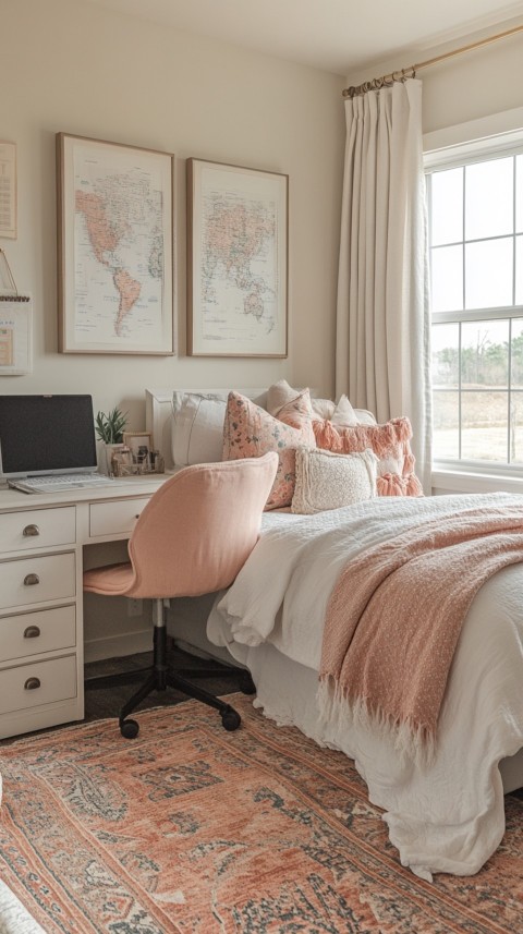 Wide Shot of a Woman's Bedroom with a Home Office – Feminine Blogger Aesthetic (236)