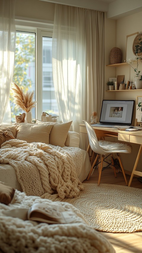 Wide Shot of a Woman's Bedroom with a Home Office – Feminine Blogger Aesthetic (227)