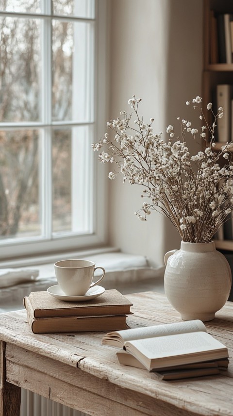 Front Shot of a Desk with Stacked Books – Feminine Blogger Aesthetic (271)