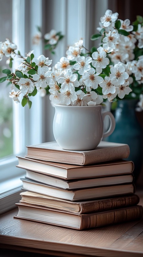 Front Shot of a Desk with Stacked Books – Feminine Blogger Aesthetic (278)