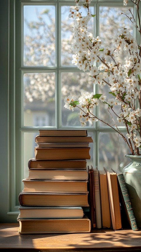 Front Shot of a Desk with Stacked Books – Feminine Blogger Aesthetic (288)