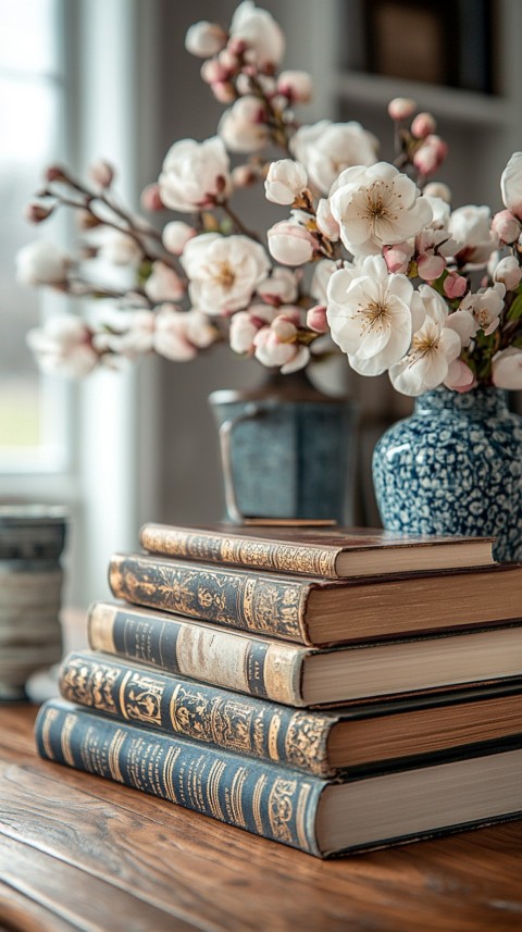 Front Shot of a Desk with Stacked Books – Feminine Blogger Aesthetic (279)