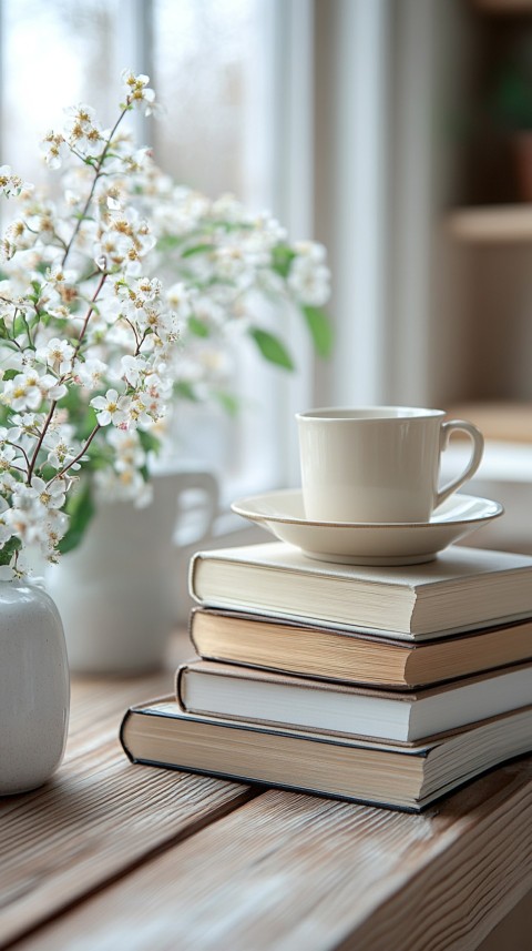 Front Shot of a Desk with Stacked Books – Feminine Blogger Aesthetic (312)