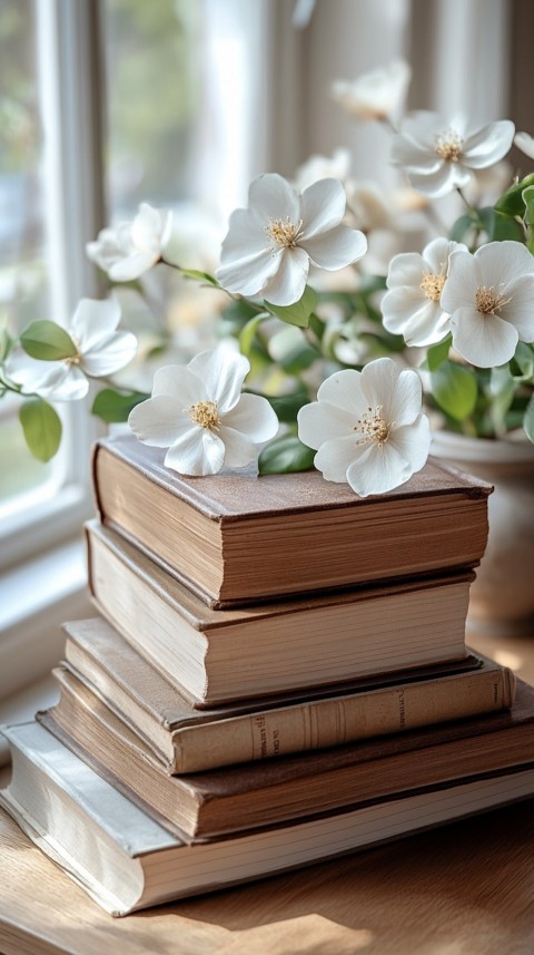 Front Shot of a Desk with Stacked Books – Feminine Blogger Aesthetic (297)