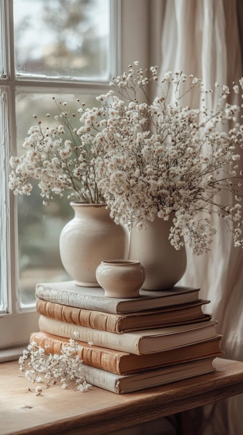 Front Shot of a Desk with Stacked Books – Feminine Blogger Aesthetic (316)