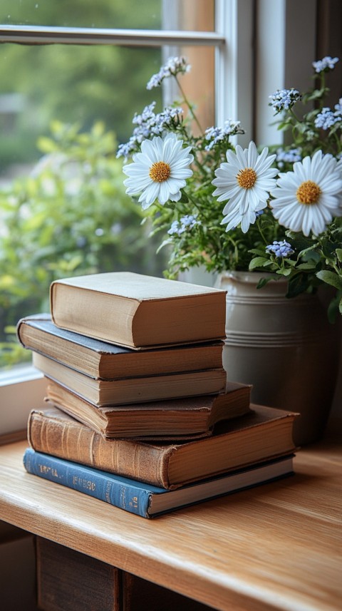 Front Shot of a Desk with Stacked Books – Feminine Blogger Aesthetic (322)