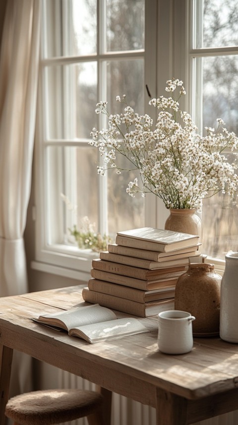 Front Shot of a Desk with Stacked Books – Feminine Blogger Aesthetic (326)