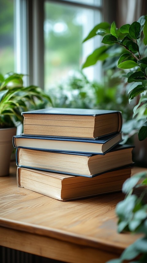 Front Shot of a Desk with Stacked Books – Feminine Blogger Aesthetic (314)