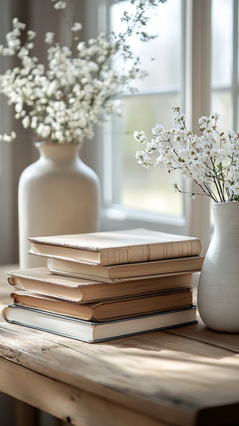 Front Shot of a Desk with Stacked Books – Feminine Blogger Aesthetic (299)