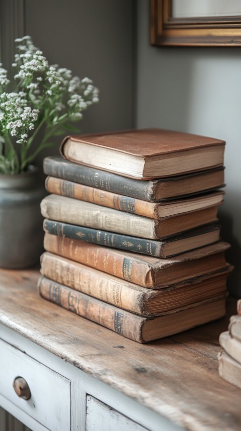 Front Shot of a Desk with Stacked Books – Feminine Blogger Aesthetic (365)