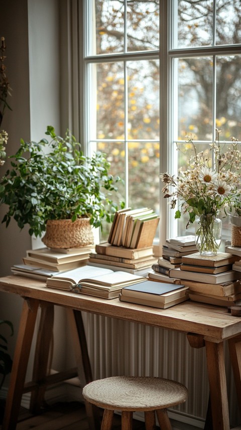 Front Shot of a Desk with Stacked Books – Feminine Blogger Aesthetic (333)