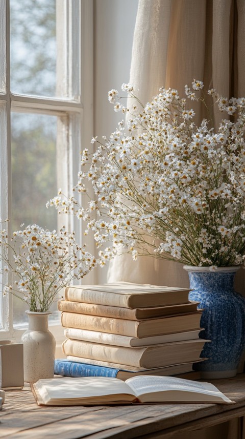 Front Shot of a Desk with Stacked Books – Feminine Blogger Aesthetic (369)