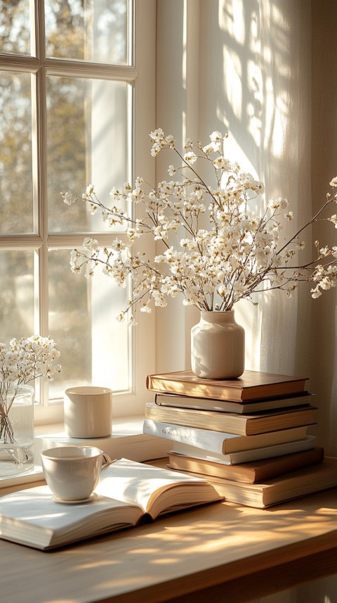 Front Shot of a Desk with Stacked Books – Feminine Blogger Aesthetic (360)