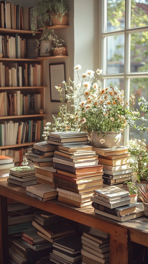 Front Shot of a Desk with Stacked Books – Feminine Blogger Aesthetic (353)