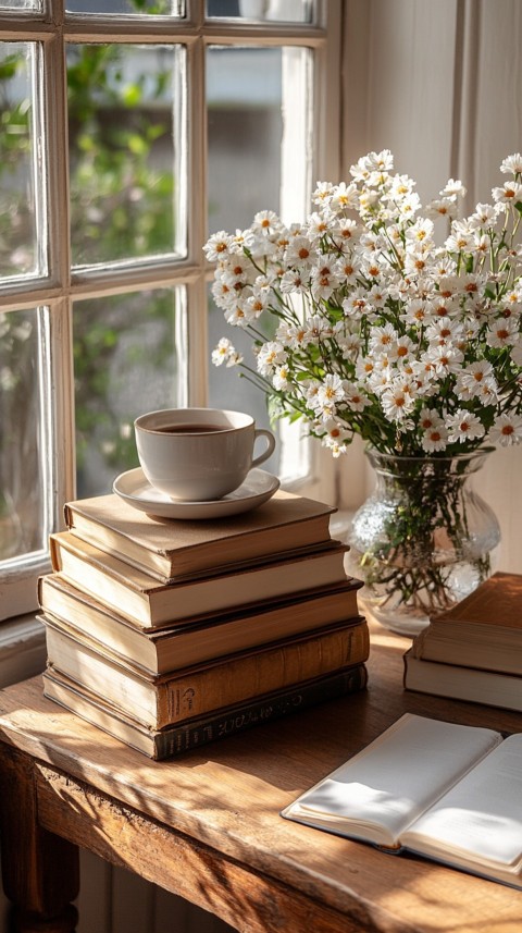 Front Shot of a Desk with Stacked Books – Feminine Blogger Aesthetic (359)