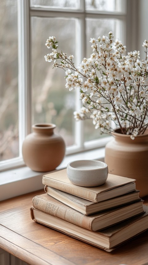 Front Shot of a Desk with Stacked Books – Feminine Blogger Aesthetic (396)