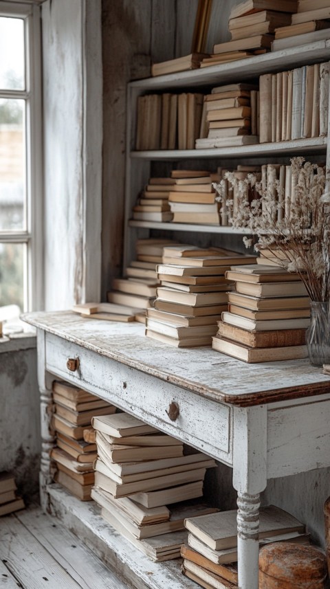 Front Shot of a Desk with Stacked Books – Feminine Blogger Aesthetic (397)