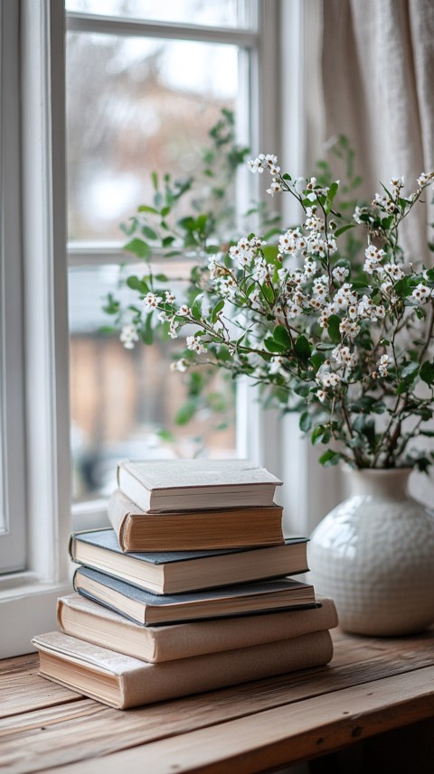 Front Shot of a Desk with Stacked Books – Feminine Blogger Aesthetic (406)