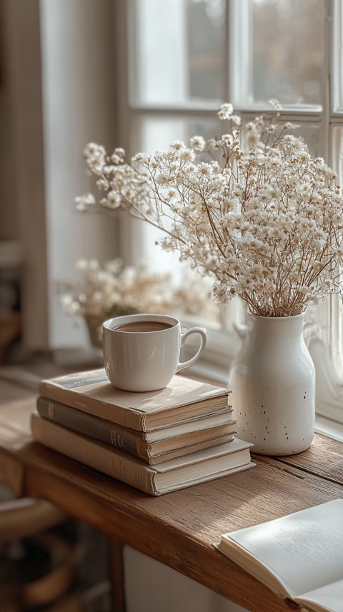 Front Shot of a Desk with Stacked Books – Feminine Blogger Aesthetic (416)