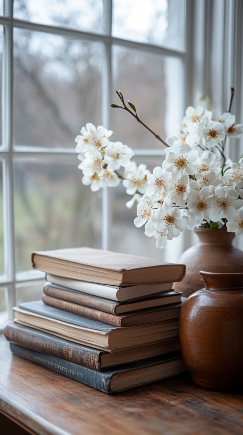 Front Shot of a Desk with Stacked Books – Feminine Blogger Aesthetic (430)