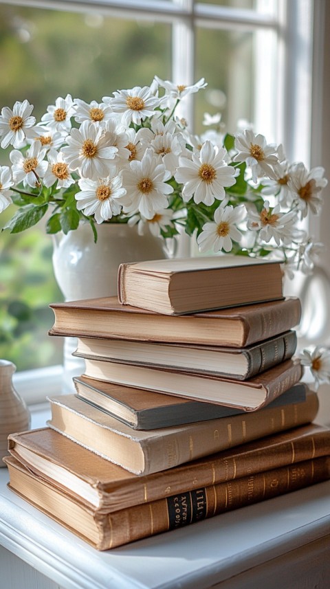 Front Shot of a Desk with Stacked Books – Feminine Blogger Aesthetic (414)