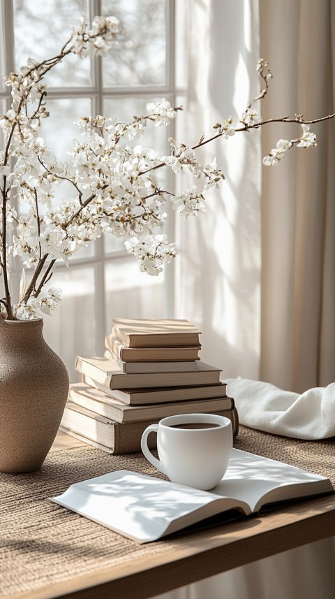 Front Shot of a Desk with Stacked Books – Feminine Blogger Aesthetic (421)