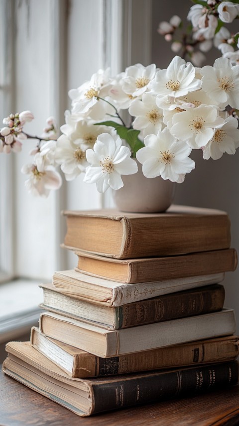 Front Shot of a Desk with Stacked Books – Feminine Blogger Aesthetic (403)