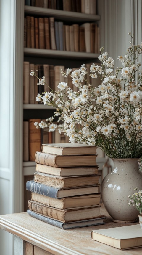 Front Shot of a Desk with Stacked Books – Feminine Blogger Aesthetic (435)