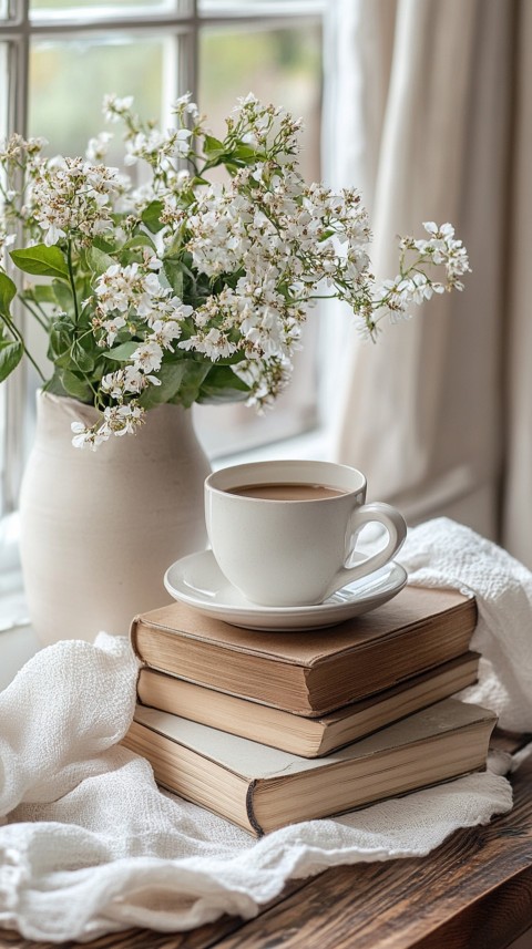 Front Shot of a Desk with Stacked Books – Feminine Blogger Aesthetic (442)