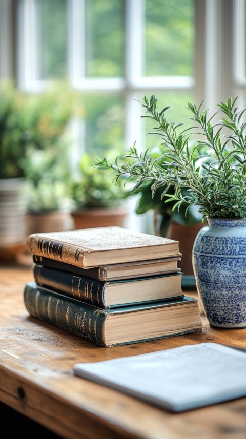 Front Shot of a Desk with Stacked Books – Feminine Blogger Aesthetic (424)